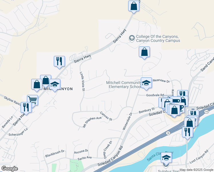 map of restaurants, bars, coffee shops, grocery stores, and more near 28521 Meadow Heights Court in Santa Clarita