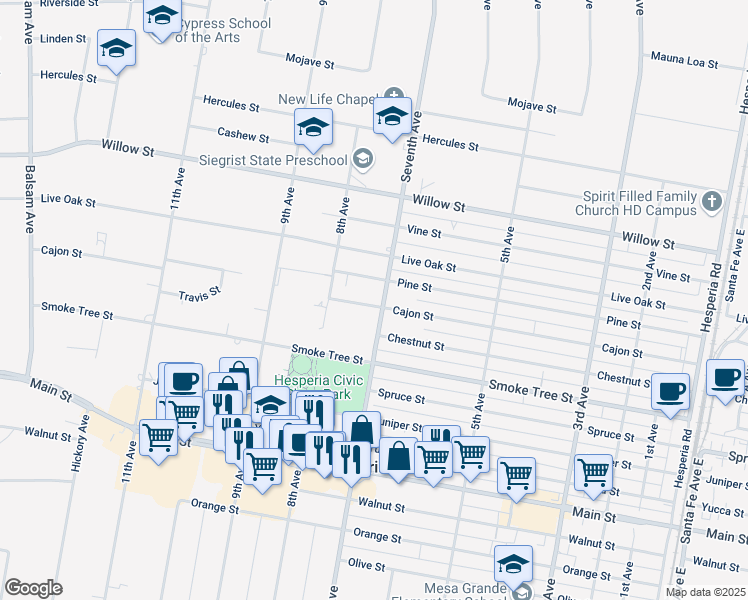 map of restaurants, bars, coffee shops, grocery stores, and more near 15958 Cajon Street in Hesperia