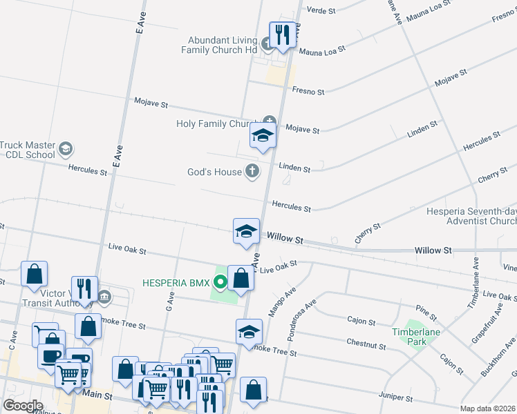 map of restaurants, bars, coffee shops, grocery stores, and more near I Avenue in Hesperia