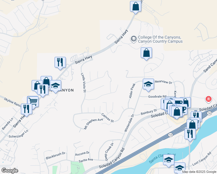 map of restaurants, bars, coffee shops, grocery stores, and more near 28521 Meadow Heights Court in Santa Clarita