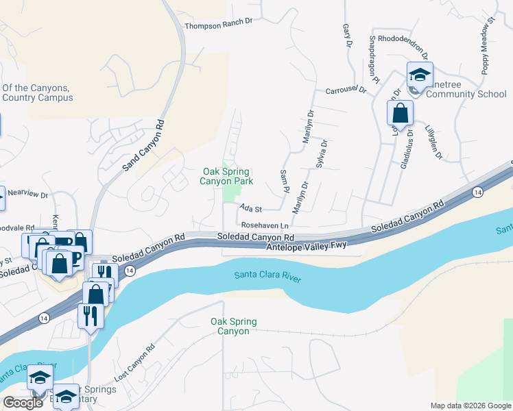 map of restaurants, bars, coffee shops, grocery stores, and more near 15901 Ada Street in Santa Clarita