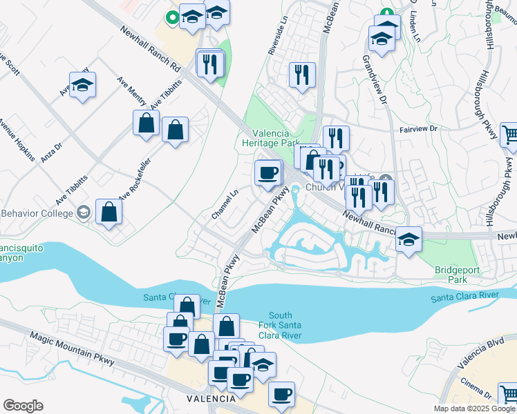 map of restaurants, bars, coffee shops, grocery stores, and more near 27072 Victoria Lane in Santa Clarita