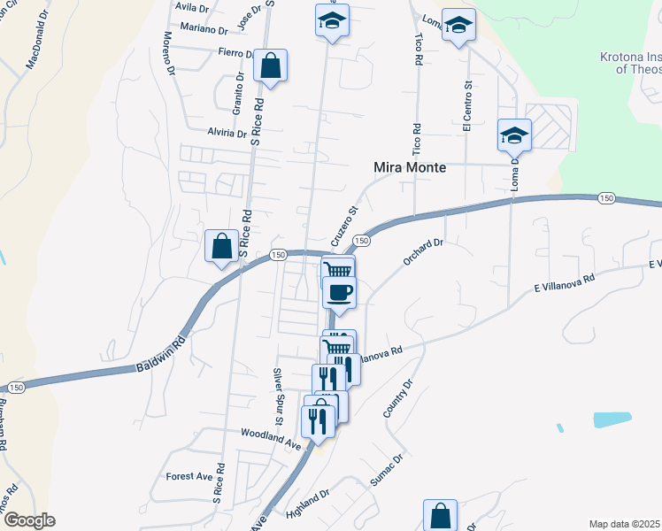 map of restaurants, bars, coffee shops, grocery stores, and more near 3 Don Antonio Way in Ojai
