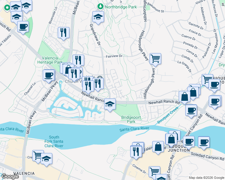 map of restaurants, bars, coffee shops, grocery stores, and more near 27032 North Wolf Creek Trail in Santa Clarita