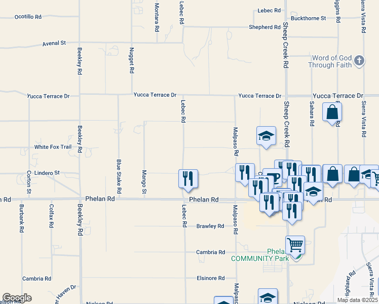 map of restaurants, bars, coffee shops, grocery stores, and more near White Fox Trail in Phelan