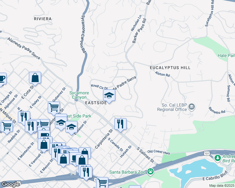 map of restaurants, bars, coffee shops, grocery stores, and more near 1616 Overlook Lane in Santa Barbara