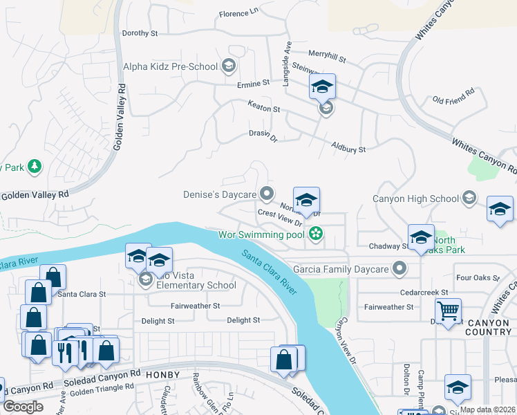 map of restaurants, bars, coffee shops, grocery stores, and more near 19853 Cottonwood Drive in Santa Clarita