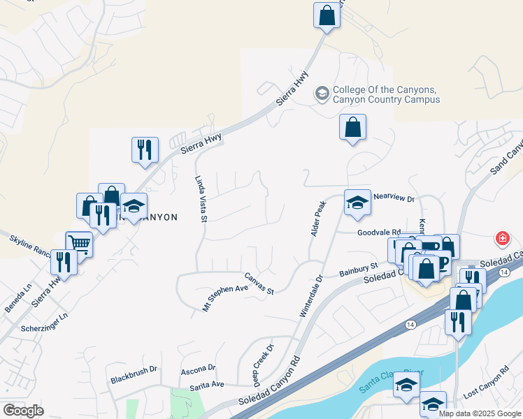 map of restaurants, bars, coffee shops, grocery stores, and more near 28521 Meadow Heights Court in Santa Clarita