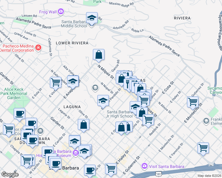 map of restaurants, bars, coffee shops, grocery stores, and more near 925 North Nopal Street in Santa Barbara