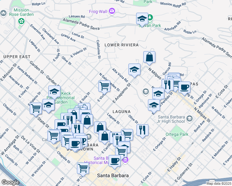 map of restaurants, bars, coffee shops, grocery stores, and more near 521 East Anapamu Street in Santa Barbara