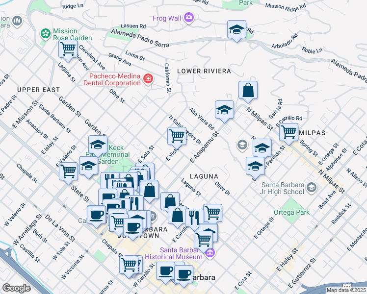 map of restaurants, bars, coffee shops, grocery stores, and more near 1235 Olive Street in Santa Barbara