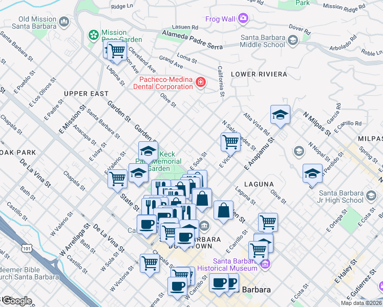 map of restaurants, bars, coffee shops, grocery stores, and more near 331 East Sola Street in Santa Barbara