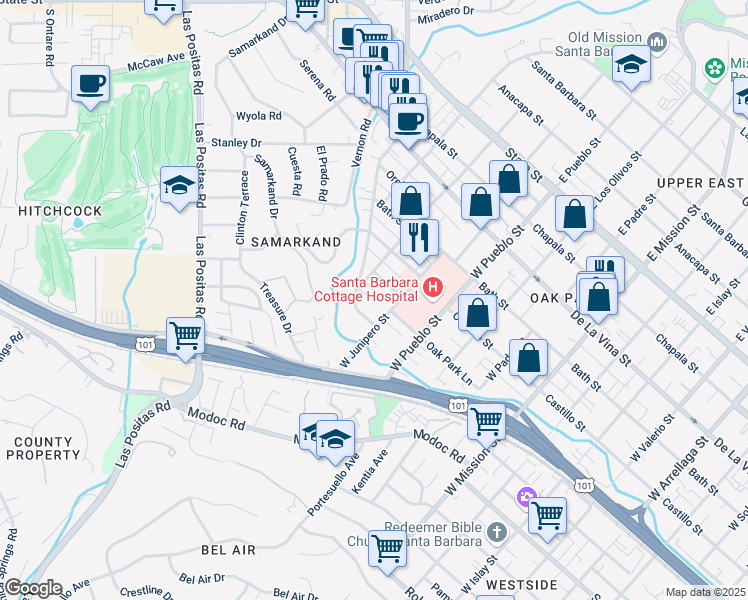 map of restaurants, bars, coffee shops, grocery stores, and more near 512A West Junipero Street in Santa Barbara