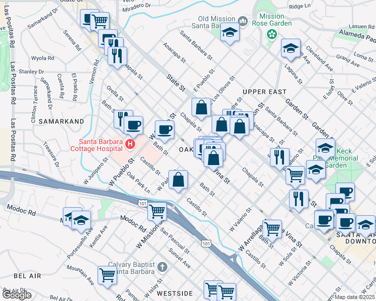 map of restaurants, bars, coffee shops, grocery stores, and more near in Santa Barbara