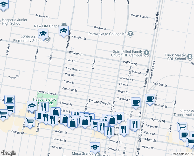 map of restaurants, bars, coffee shops, grocery stores, and more near 16215 Pine Street in Hesperia