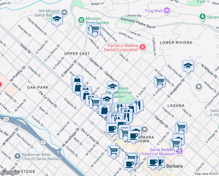 map of restaurants, bars, coffee shops, grocery stores, and more near 1600 Santa Barbara Street in Santa Barbara