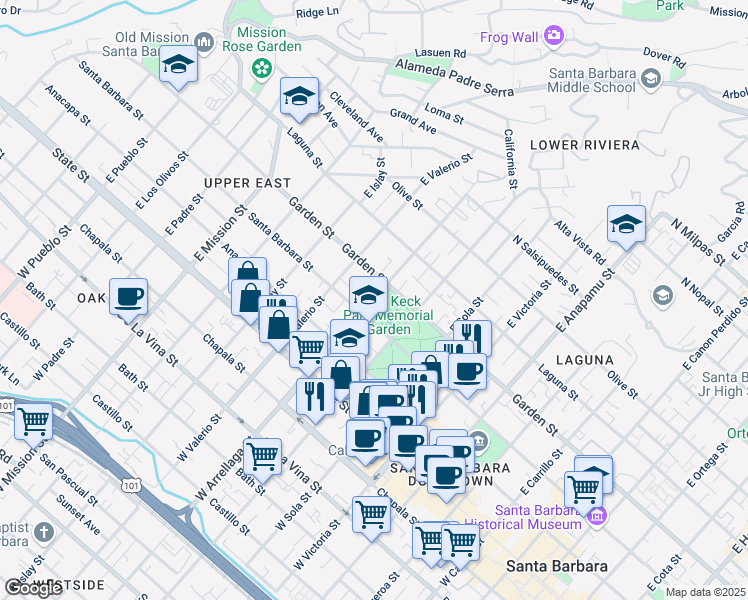map of restaurants, bars, coffee shops, grocery stores, and more near 1500 Santa Barbara Street in Santa Barbara