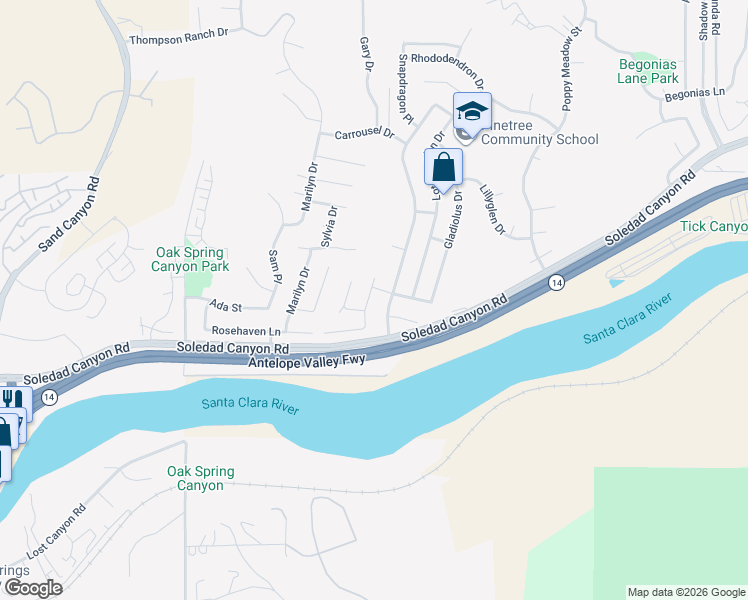 map of restaurants, bars, coffee shops, grocery stores, and more near 28838 Bougainvillea Way in Santa Clarita