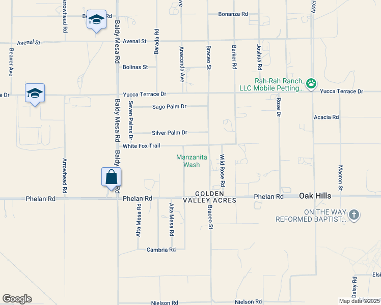 map of restaurants, bars, coffee shops, grocery stores, and more near 9885 Anaconda Avenue in Oak Hills