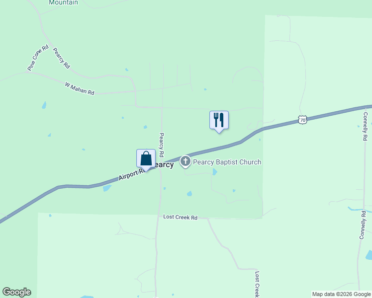 map of restaurants, bars, coffee shops, grocery stores, and more near 107 Pearcy Church Place in Pearcy