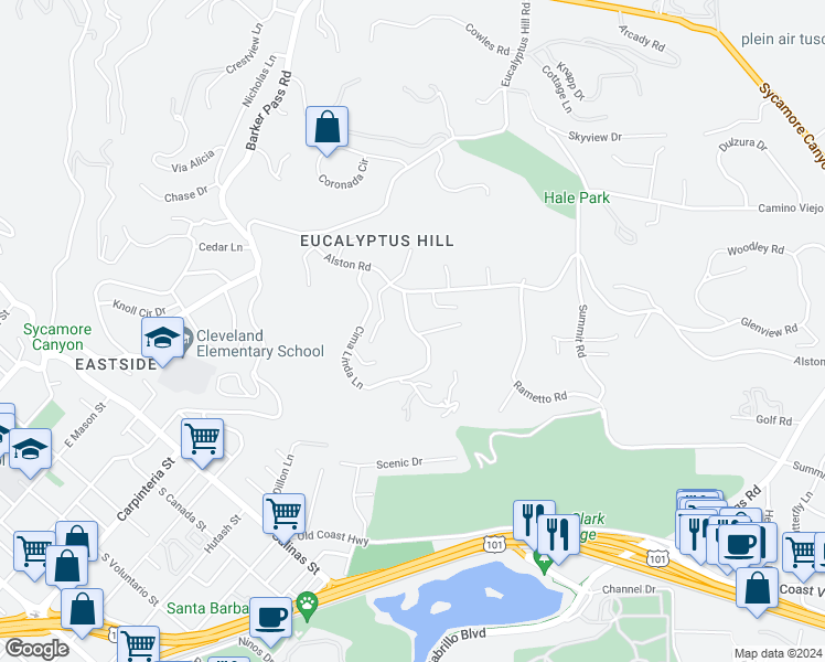 map of restaurants, bars, coffee shops, grocery stores, and more near 717 Cima Linda Lane in Santa Barbara