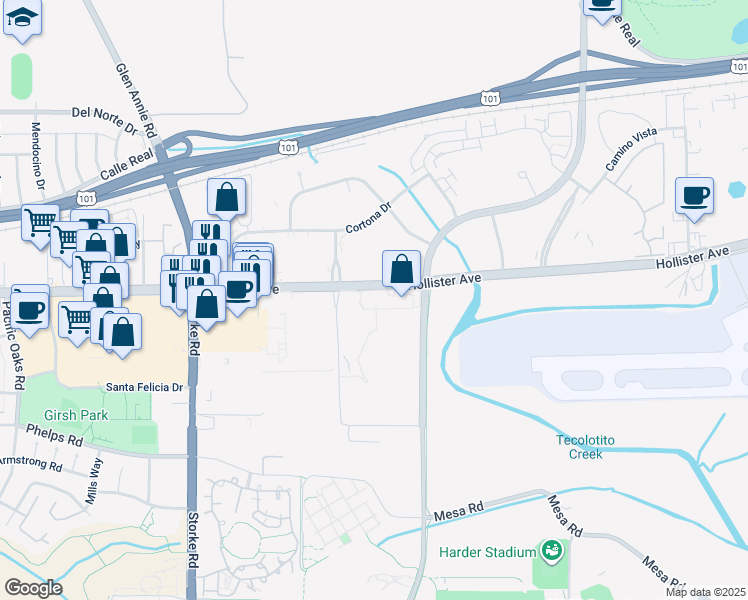 map of restaurants, bars, coffee shops, grocery stores, and more near 6649 Hollister Avenue in Goleta