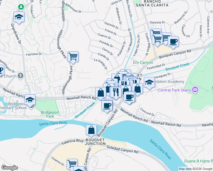 map of restaurants, bars, coffee shops, grocery stores, and more near 26502 Bryce Road in Santa Clarita