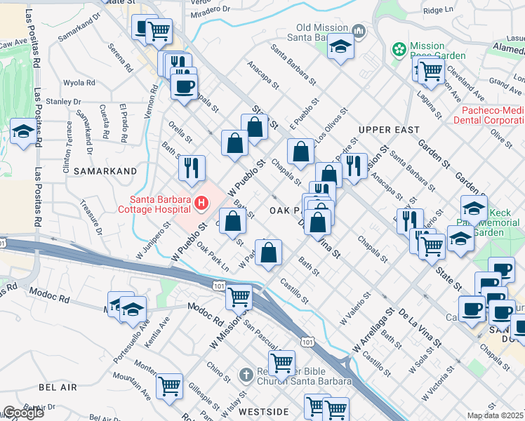 map of restaurants, bars, coffee shops, grocery stores, and more near 225 West Los Olivos Street in Santa Barbara