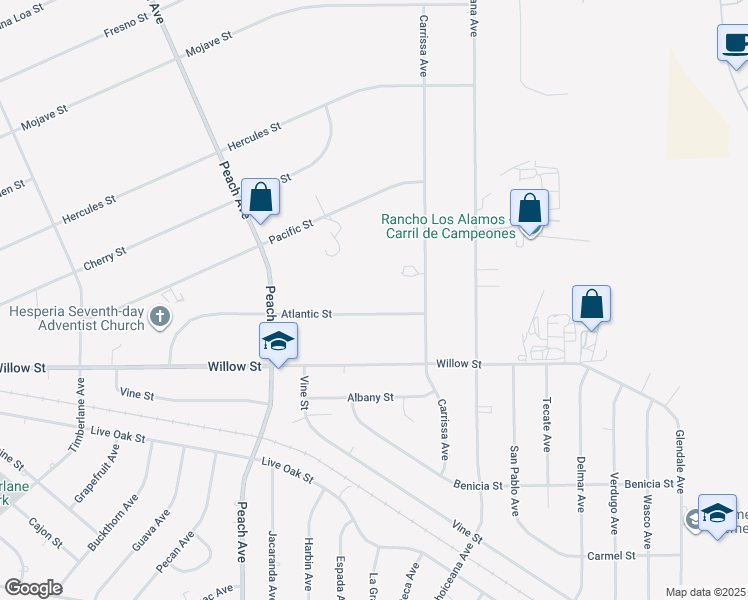 map of restaurants, bars, coffee shops, grocery stores, and more near 18702 Atlantic Street in Hesperia