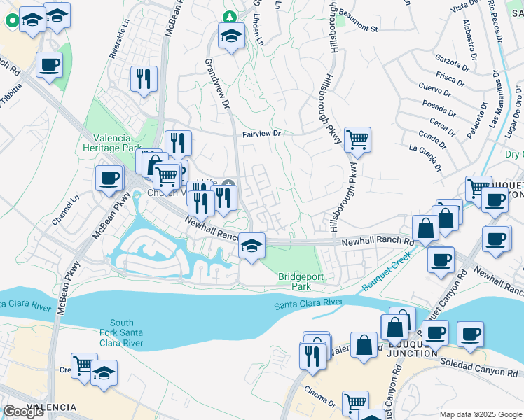 map of restaurants, bars, coffee shops, grocery stores, and more near 27032 North Wolf Creek Trail in Santa Clarita