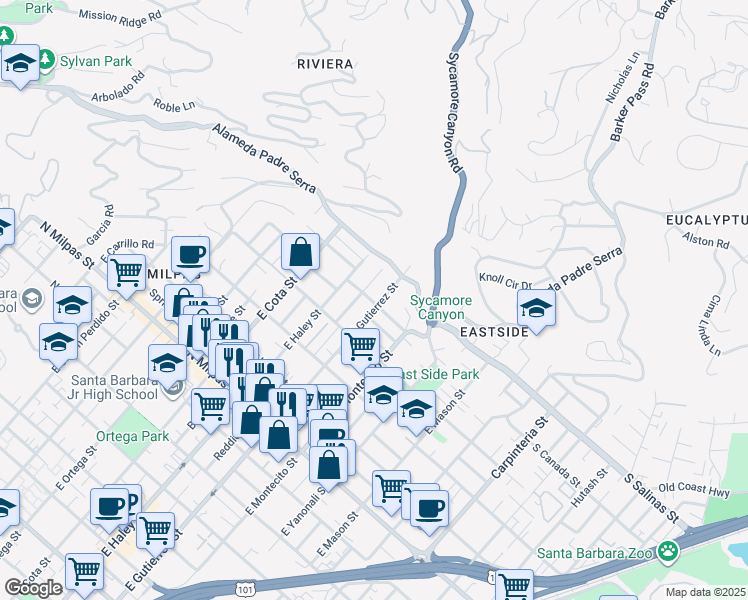 map of restaurants, bars, coffee shops, grocery stores, and more near 326 North Canada Street in Santa Barbara