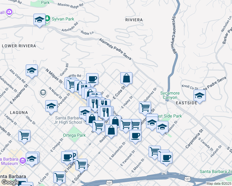 map of restaurants, bars, coffee shops, grocery stores, and more near 1030 Alphonse Street in Santa Barbara