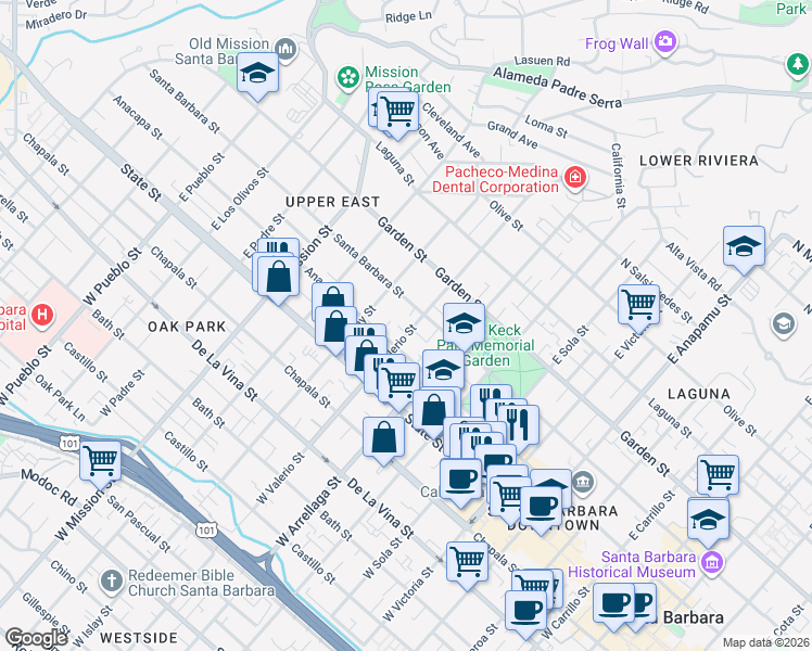 map of restaurants, bars, coffee shops, grocery stores, and more near 120 East Valerio Street in Santa Barbara