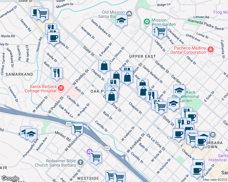 map of restaurants, bars, coffee shops, grocery stores, and more near 114 West Mission Street in Santa Barbara