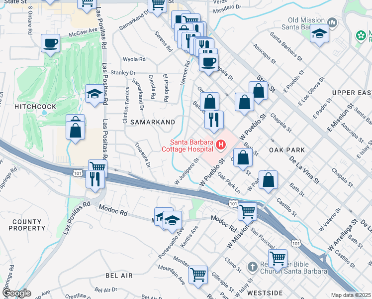 map of restaurants, bars, coffee shops, grocery stores, and more near 515 West Alamar Avenue in Santa Barbara