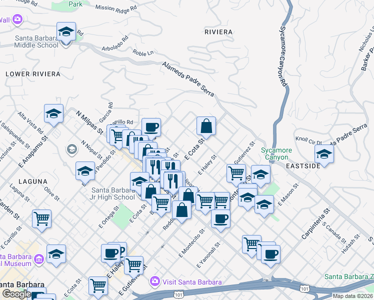 map of restaurants, bars, coffee shops, grocery stores, and more near 1030 Alphonse Street in Santa Barbara
