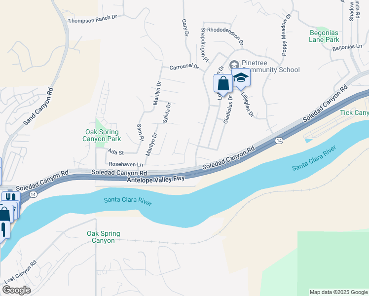 map of restaurants, bars, coffee shops, grocery stores, and more near 28832 Bougainvillea Way in Santa Clarita