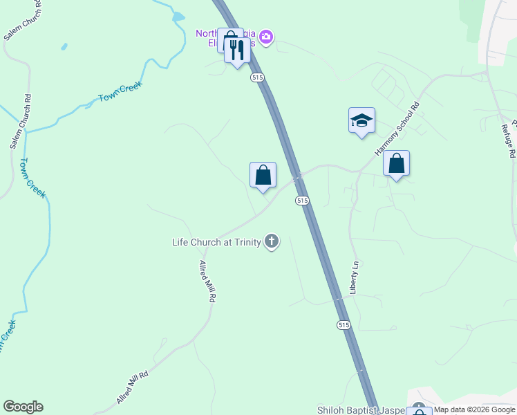 map of restaurants, bars, coffee shops, grocery stores, and more near 18 Plum Lane in Jasper