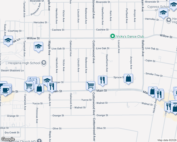 map of restaurants, bars, coffee shops, grocery stores, and more near 9865 Redwood Avenue in Hesperia