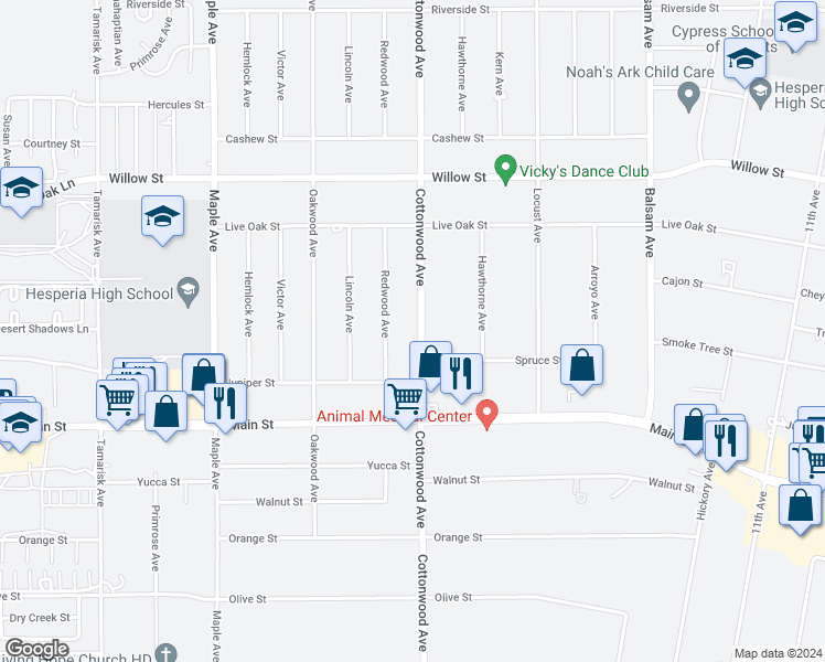 map of restaurants, bars, coffee shops, grocery stores, and more near 9866 Cottonwood Avenue in Hesperia