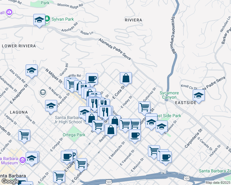 map of restaurants, bars, coffee shops, grocery stores, and more near 1030 Alphonse Street in Santa Barbara