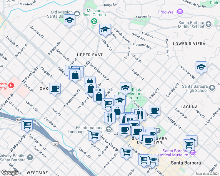 map of restaurants, bars, coffee shops, grocery stores, and more near 127 East Valerio Street in Santa Barbara