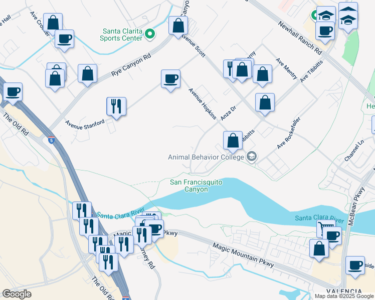 map of restaurants, bars, coffee shops, grocery stores, and more near 25213 Anza Drive in Santa Clarita