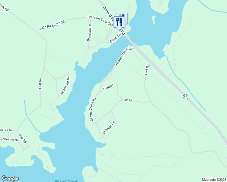 map of restaurants, bars, coffee shops, grocery stores, and more near 2318A Beaver Creek Road in Camden