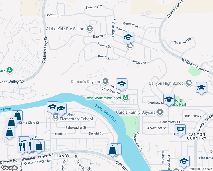 map of restaurants, bars, coffee shops, grocery stores, and more near 20082 Northcliff Drive in Santa Clarita