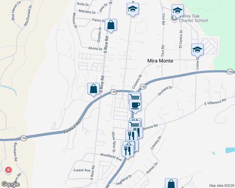map of restaurants, bars, coffee shops, grocery stores, and more near 40 Don Antonio Way in Ojai
