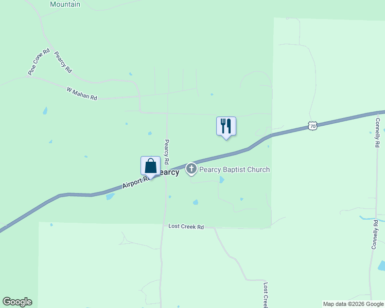 map of restaurants, bars, coffee shops, grocery stores, and more near 107 Pearcy Church Place in Pearcy