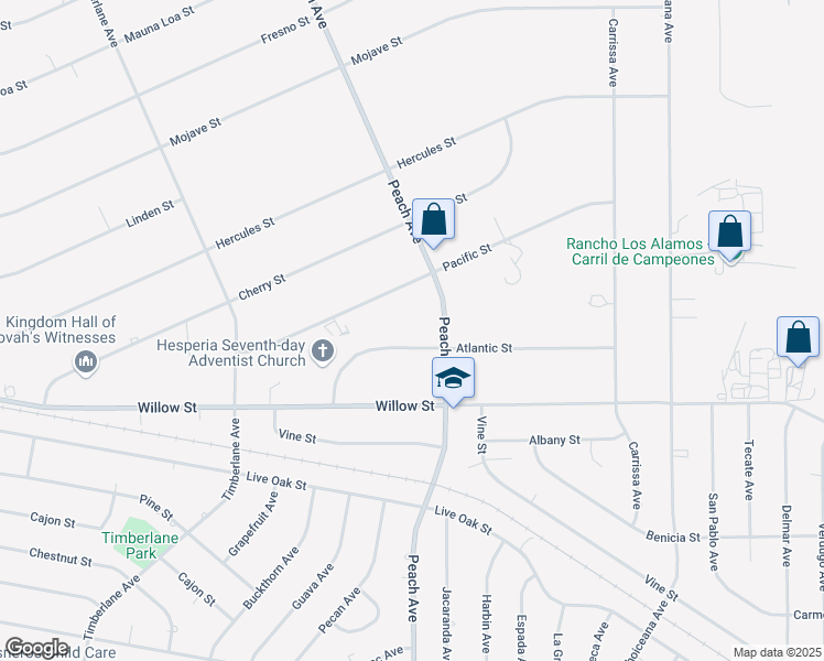 map of restaurants, bars, coffee shops, grocery stores, and more near Atlantic Street in Hesperia