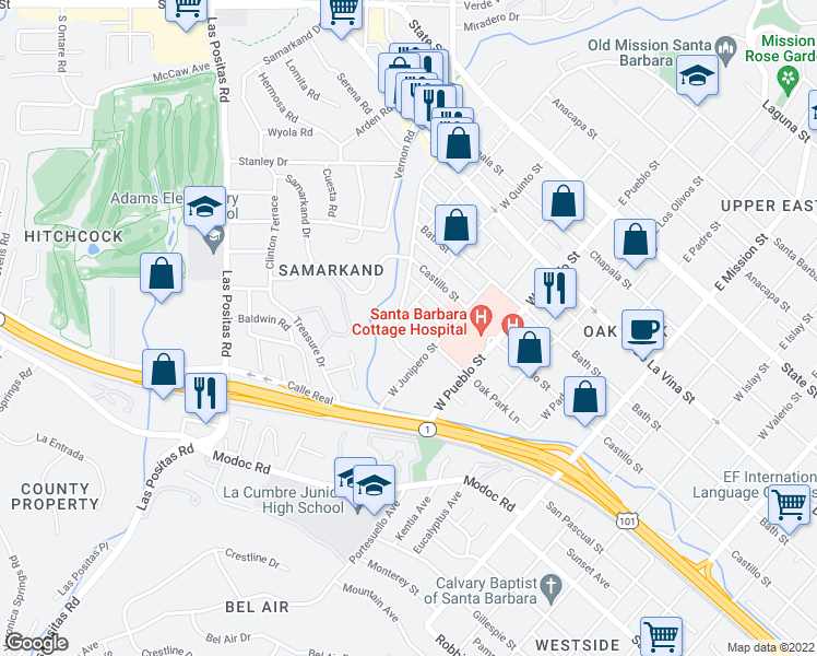 map of restaurants, bars, coffee shops, grocery stores, and more near 519 West Alamar Avenue in Santa Barbara