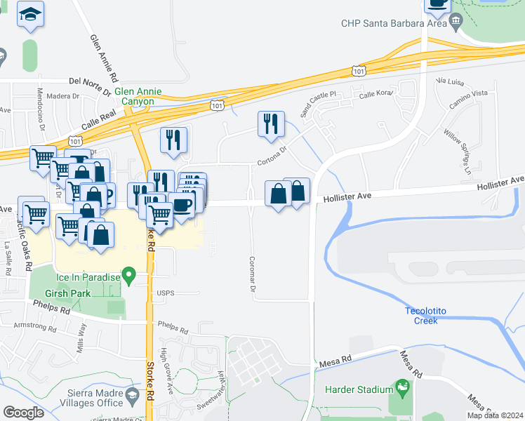 map of restaurants, bars, coffee shops, grocery stores, and more near 6693 Hollister Avenue in Goleta